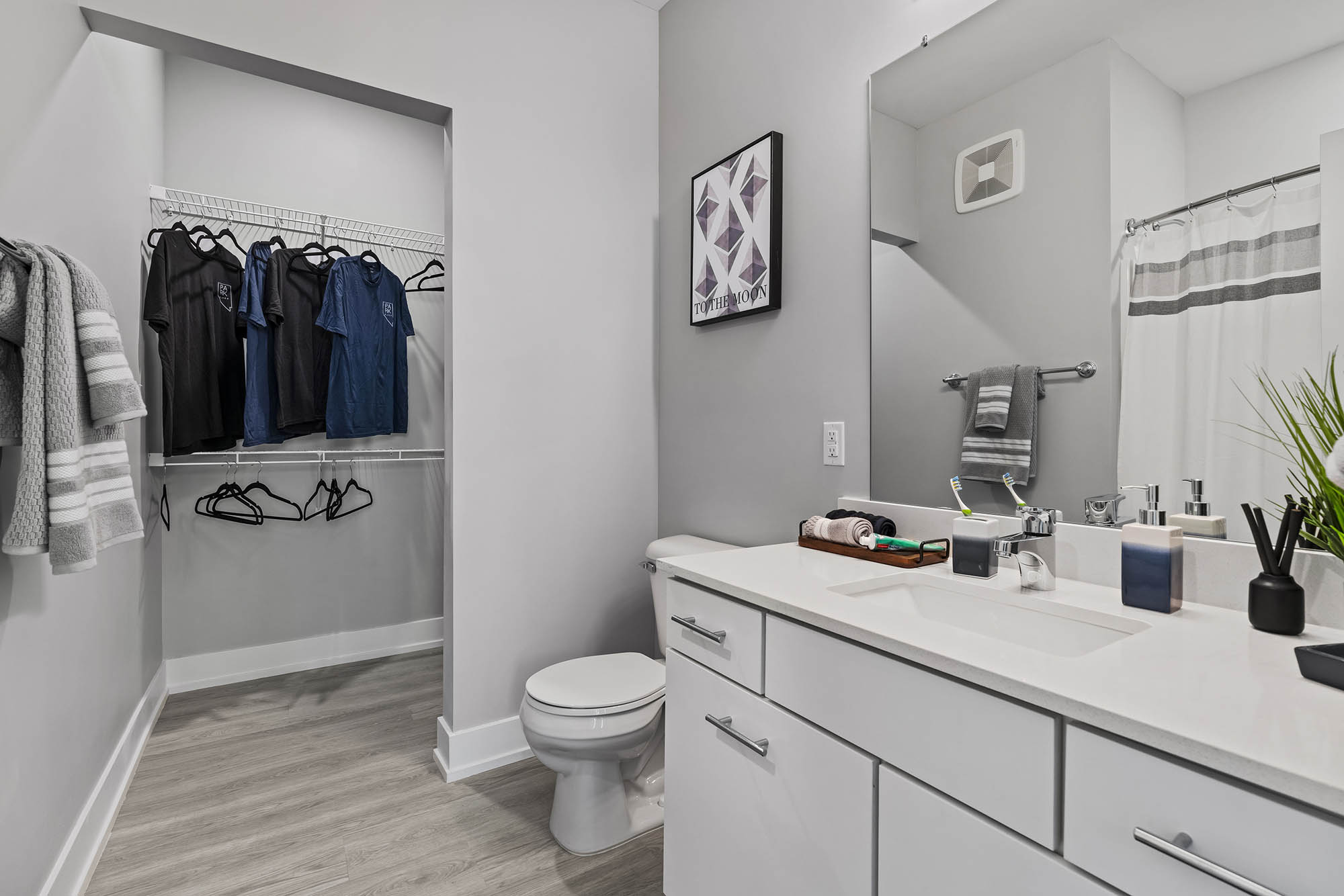 Modern bathroom with a closet sink and decorative items