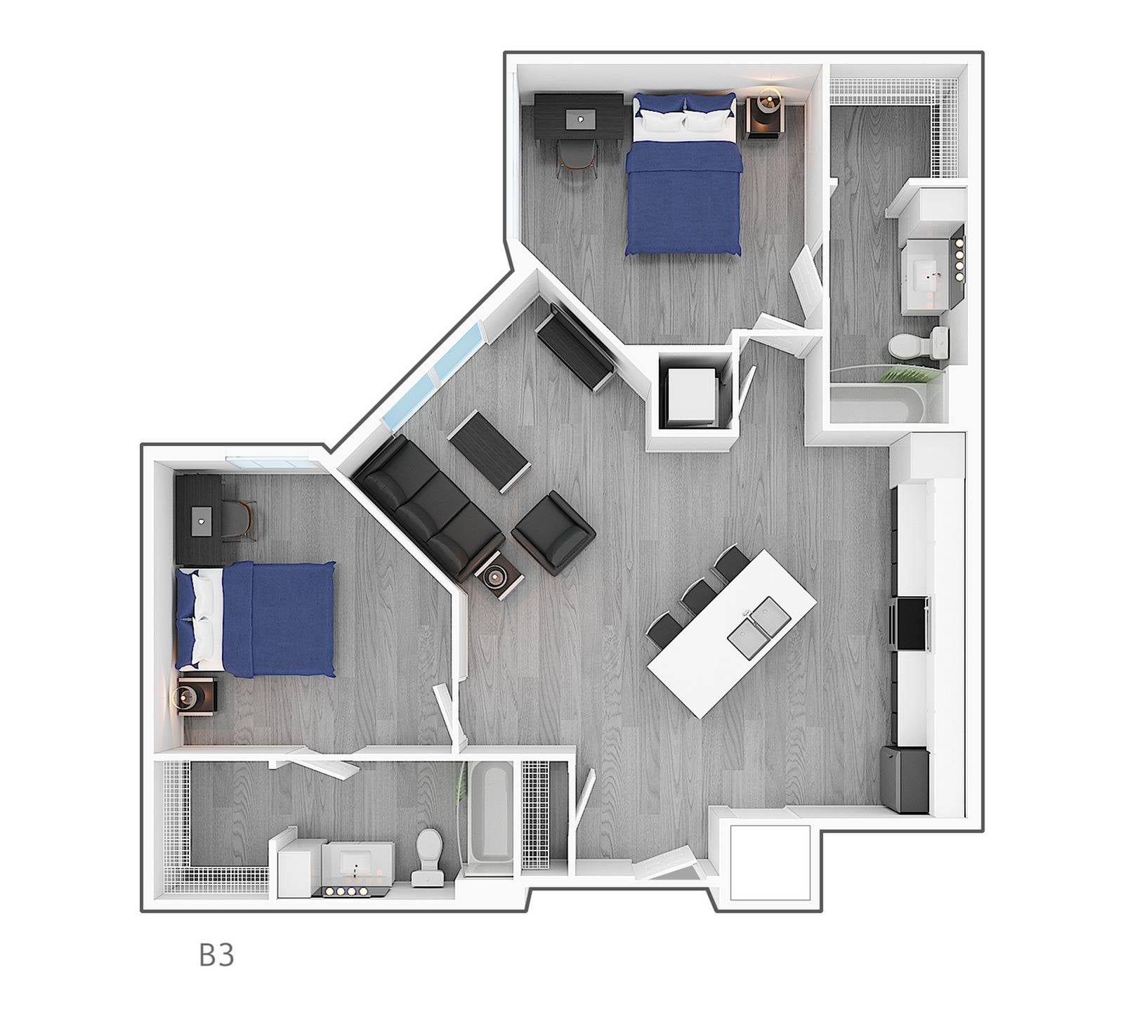 2BR/2BA – Corner Premium floor plan